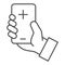 Contact doctor online thin line icon. Hand hold smartphone with cross symbol, outline style pictogram on white