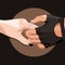 Contact of hands. Relationships. Man in bike glove and a woman. Color vector image isolated on dark background