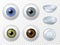 Contact lens and human eye. Realistic human eyeball different color iris texture front view, ophthalmology contact lens