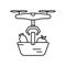 Contactless delivery by air. Touch-free food package. Drone with grocery basket. Black linear illustration of online shopping with