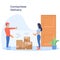 Contactless delivery concept illustration. Vector scene with courier delivering box and woman in protective masks