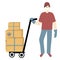 Contactless Delivery  concept set. Coronavirus, covid-19. Courier delivers shopping cartons,  courier with a box trolley