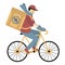 Contactless Delivery of food concept. Coronavirus, covid-19. Delivery man, courier on a bike wearing a medical mask carries a