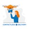 Contactless home delivery. Drone delivery concept. Red-haired girl holds out her hands to a quadrocopter. Remote air drone with a