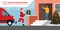 Contactless safe delivery: Santa Claus delivering a gift following safety precautions