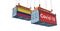 Container with Coronavirus Covid-19 text on the side and container with Colombia Flag.