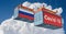 Container with Coronavirus Covid-19 text on the side and container with Russia Flag.