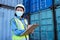 Container, covid 19 and engineer woman checklist planning cargo distribution, shipping and manufacturing logistics