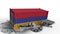 Container with flag of Armenia breaks container with EXPORT text. Conceptual 3D animation