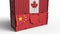Container with flag of Canada breaks cargo container with flag of China. Trade war or economic conflict related