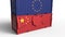 Container with flag of the European Union breaks cargo container with flag of China. Trade war or economic conflict