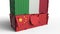 Container with flag of Italy breaks cargo container with flag of China. Trade war or economic conflict related
