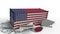 Container with flag of the USA breaks cargo container with flag of Japan. Trade war or economic conflict related