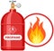 Container with flammable subtance near fire warning. Pressurized gas cylinder with manometer