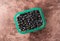 Container of freshly picked wild blueberries on a maroon background