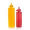 container of ketchup and mustard bottles