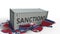 Container with SANCTIONS text breaks cargo container with flag of North Korea. Embargo or political export or import ban