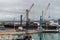 Container ship in commercial port of Napier, New Zealand.