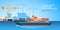 Container ship at freight port terminal Unloading. Merchant Marine. Flat vector