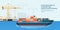 Container ship at freight port terminal Unloading. Merchant Marine. Flat vector