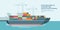 Container ship at freight port terminal Unloading. Merchant Marine. Flat vector