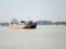 Container Ship in Ganga river. Marine Cargo Ships at Calcutta Port and Haldia Port for commercial freight transport from Kolkata