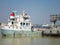 Container Ship in Ganga river. Marine Cargo Ships at Calcutta Port and Haldia Port for commercial freight transport from Kolkata