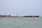 Container ship at industrial port in import export global business