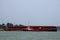 Container ship at industrial port in import export global business