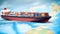 Container ship model on world map , transcontinental transportation