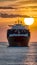 Container ship sails at sunset, representing international freight shipping