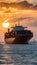 Container ship sails at sunset, representing international freight shipping