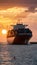 Container ship sails at sunset, representing international freight shipping