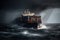 A container ship in the storm and rain is a daunting and dangerous situation of a large vessel battling through
