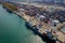 Container ship terminal, and quay crane of container ship at industrial port with shipping container vessel, Maritime cargo freigh