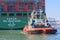 Container ship with tug boat in Rotterdam harbor