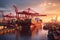 Container ships docked in a port at sunset. Generative AI