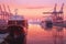 Container ships docked in a port at sunset. Generative AI