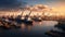 Container ships in the port at sunset