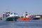 Container ships and a tanker on Kiel Canal