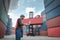 Container Supervisor Control Import/Export While Inspecting Containers Box in Warehouse Storage Distribution. Container Logistics