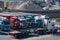 Container trailers parked in row on cargo port berth