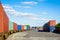 A container train parked in a rail terminal