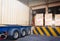 Container Trucks Parked Loading Package Boxes Pallets at Warehouse Dock. Supply Chain, Warehouse Shipping, Freight Truck Logistic