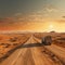 Container trucks run on barren sandy roads with planets in the sky as a backdrop