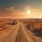 Container trucks run on barren sandy roads with planets in the sky as a backdrop