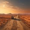 Container trucks run on barren sandy roads with planets in the sky as a backdrop