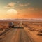 Container trucks run on barren sandy roads with planets in the sky as a backdrop