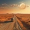 Container trucks run on barren sandy roads with planets in the sky as a backdrop