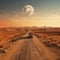 Container trucks run on barren sandy roads with planets in the sky as a backdrop